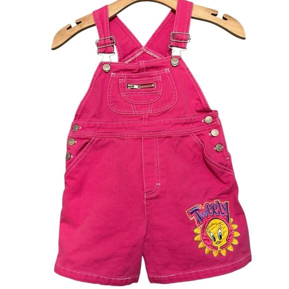 Looney Tunes Girls Size 6X Pink Tweety Bird Embroidered Cotton Romper Overalls - Picture 1 of 9